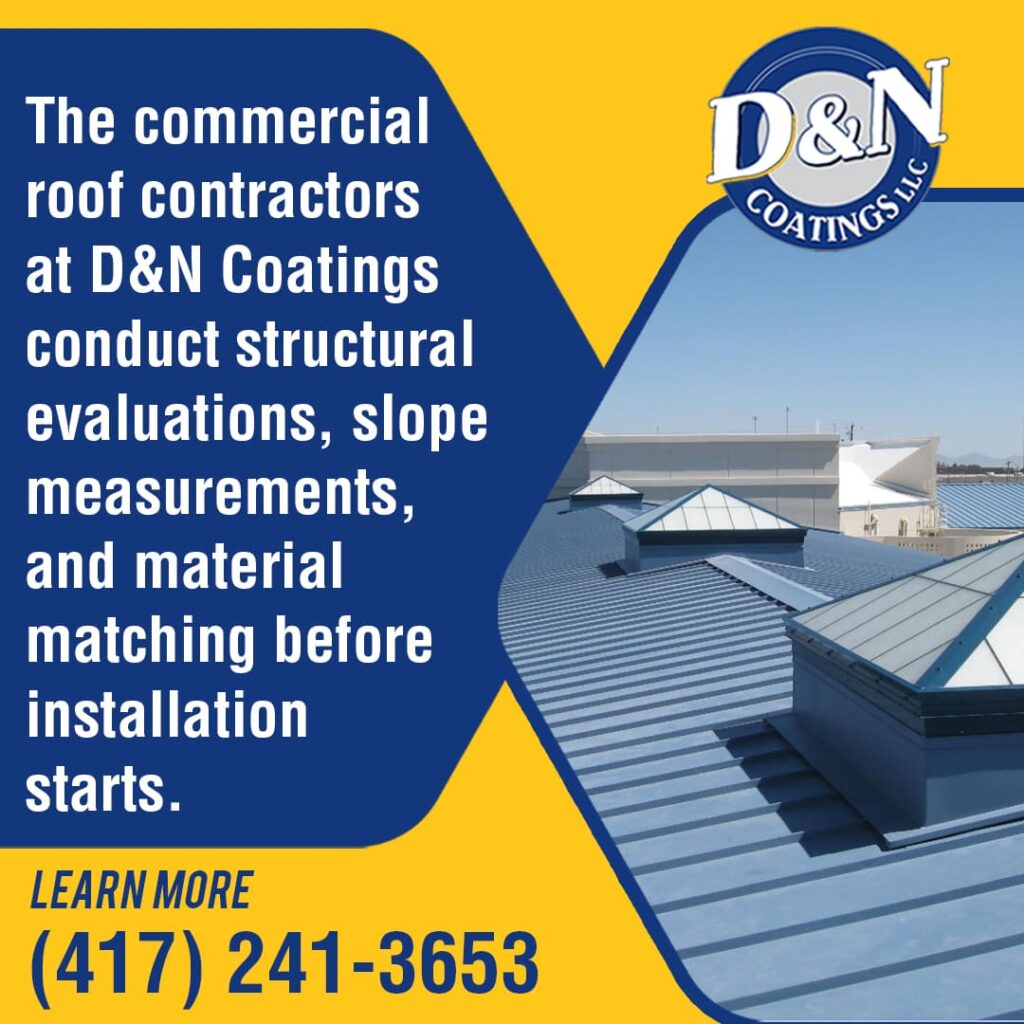 A wide shot of a blue commercial roof with skylights under a clear sky, with text explaining D&N Coatings' comprehensive pre-installation evaluations.