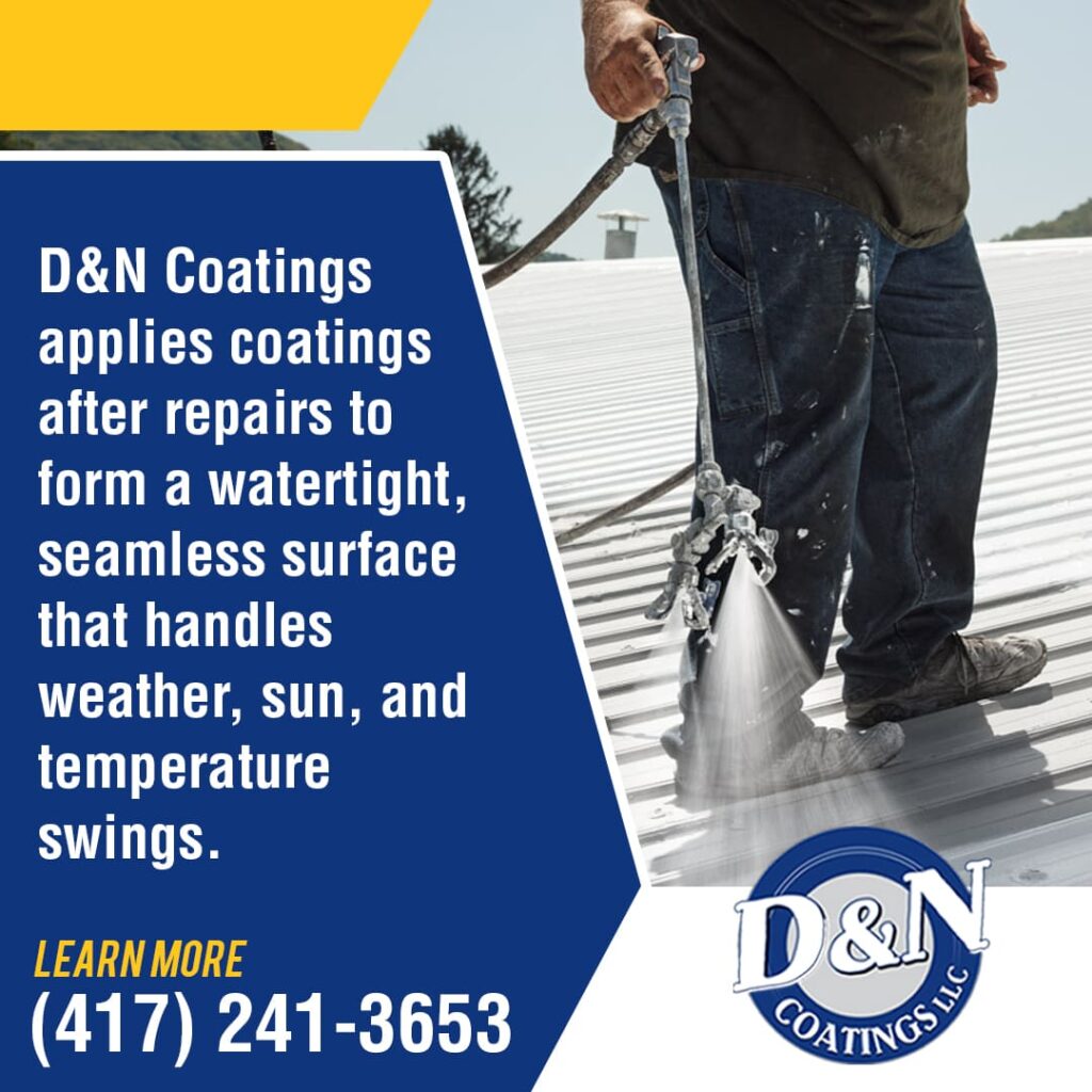 A person sprays a white coating onto a large commercial metal roof, with text highlighting D&N Coatings' application of coatings to form a watertight, seamless surface.