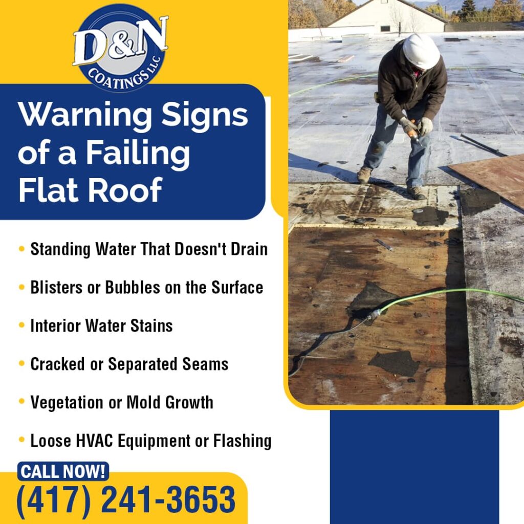 A worker in a hard hat inspects a damaged flat roof with standing water and exposed wood.