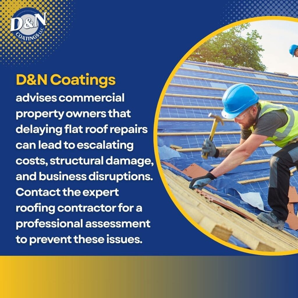A roofer in a blue hard hat and safety vest uses a hammer on a roof with solar panels, accompanied by text advising against delaying flat roof repairs.