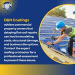 A roofer in a blue hard hat and safety vest uses a hammer on a roof with solar panels, accompanied by text advising against delaying flat roof repairs.