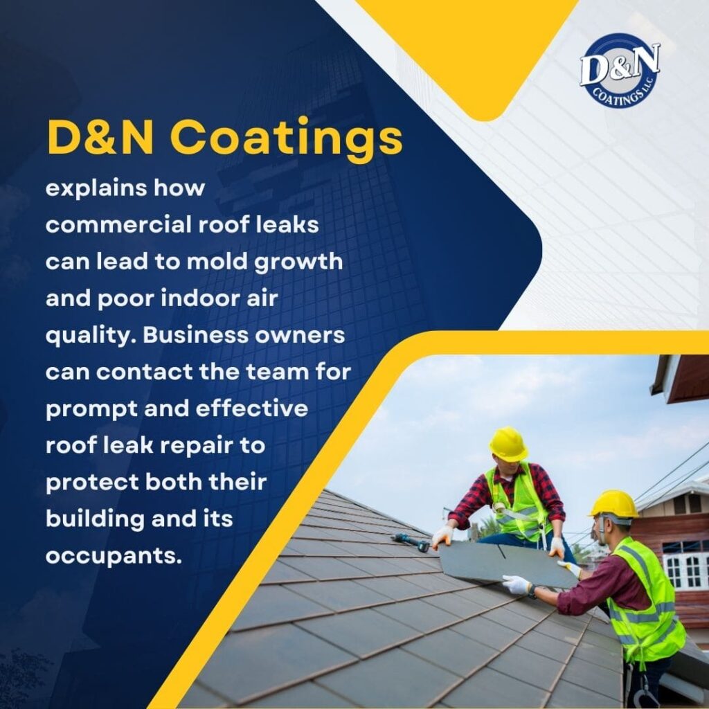 Two roofers in yellow hard hats and safety vests install roofing materials, with text explaining how commercial roof leaks can lead to mold and poor indoor air quality.