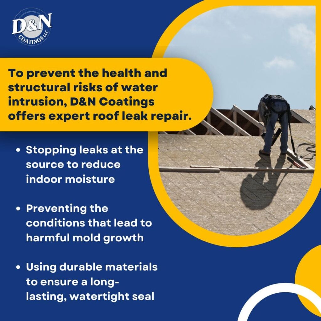 A roofer works on a residential roof, with text highlighting D&N Coatings' expert roof leak repair services to prevent health and structural risks from water intrusion.