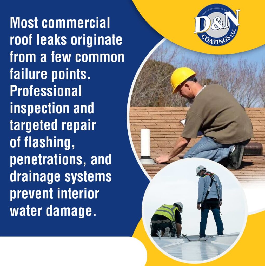 A blue and yellow graphic with the D&N Coatings LLC logo. The text reads, "Most commercial roof leaks originate from a few common failure points. Professional inspection and targeted repair of flashing, penetrations, and drainage systems prevent interior water damage." On the right, a photograph shows two circular insets. The top inset shows a worker in a hardhat inspecting a shingled roof. The bottom inset shows two workers on a metal roof, one of whom is wearing a safety harness.