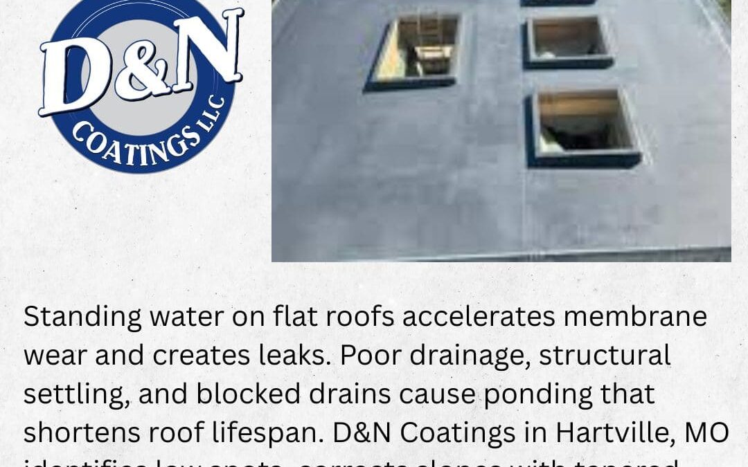 Aerial view of a large, dark gray flat roof with several square openings for skylights or vents. The text explains that standing water (ponding) shortens roof lifespan and is caused by poor drainage. D&N Coatings corrects slopes with tapered insulation and applies waterproof coatings to extend the roof's life by 10-20 years.