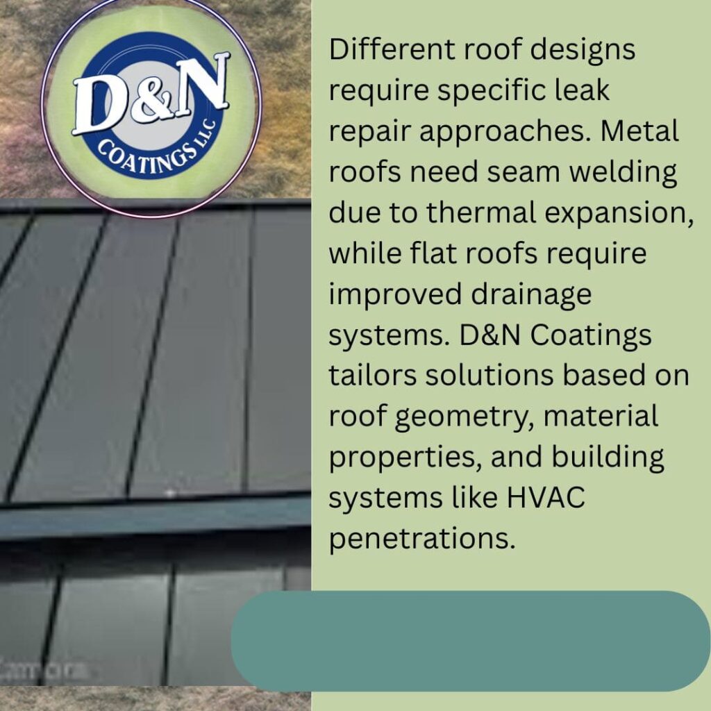 Close-up of a dark gray metal standing seam roof next to the D&N Coatings logo. The text explains that D&N Coatings tailors leak repair solutions based on roof geometry, material properties, and building systems, specifically mentioning metal roofs need seam welding due to thermal expansion.