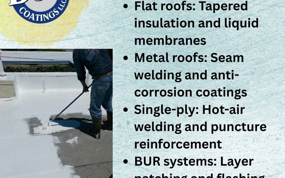 A roofing professional applying a white liquid membrane with a roller on a flat roof. A list details targeted leak repair by roof type: Flat roofs (tapered insulation), Metal roofs (seam welding), Single-ply (hot-air welding), and BUR systems (layer patching).