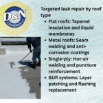 A roofing professional applying a white liquid membrane with a roller on a flat roof. A list details targeted leak repair by roof type: Flat roofs (tapered insulation), Metal roofs (seam welding), Single-ply (hot-air welding), and BUR systems (layer patching).