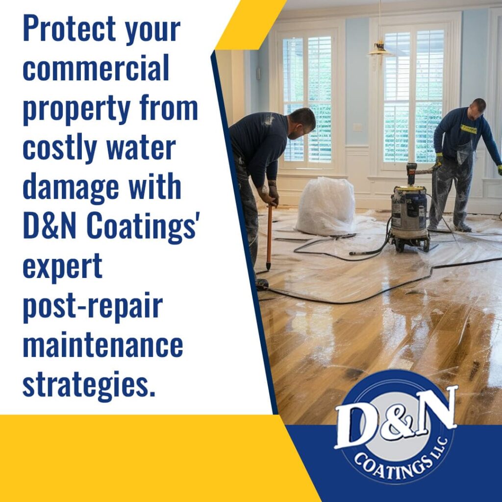 Two professionals from D&N Coatings LLC working on a commercial hardwood floor restoration project.