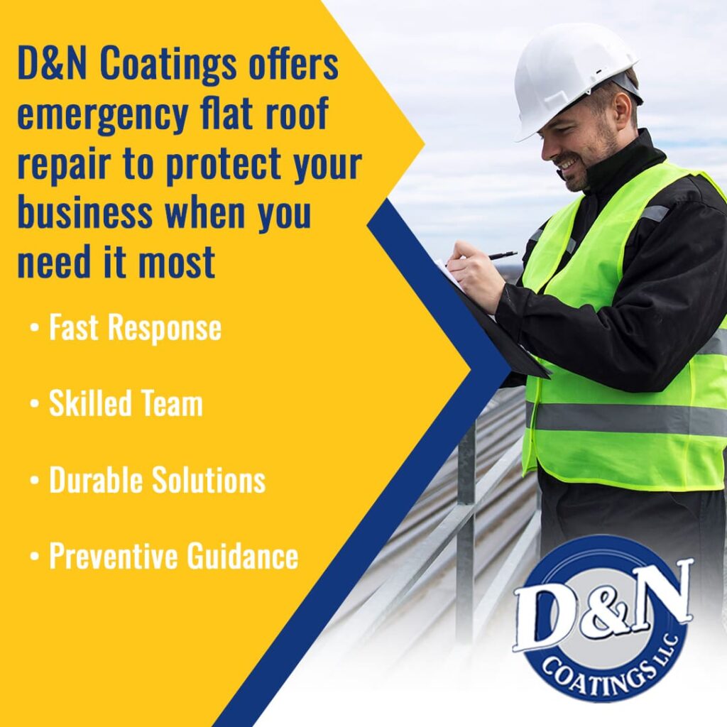 Professional roofer in a hard hat and vest taking notes on a clipboard, highlighting D&N Coatings' emergency flat roof repair features.