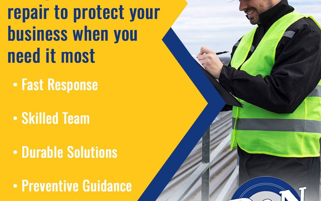 Professional roofer in a hard hat and vest taking notes on a clipboard, highlighting D&N Coatings' emergency flat roof repair features.