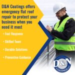 Professional roofer in a hard hat and vest taking notes on a clipboard, highlighting D&N Coatings' emergency flat roof repair features.