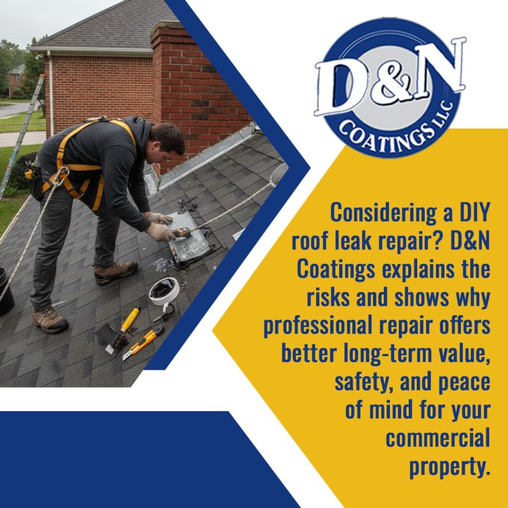 Man in a harness attempting a DIY repair on a shingled residential roof, with text warning about the risks of DIY and promoting the long-term value of professional commercial roof leak repair.