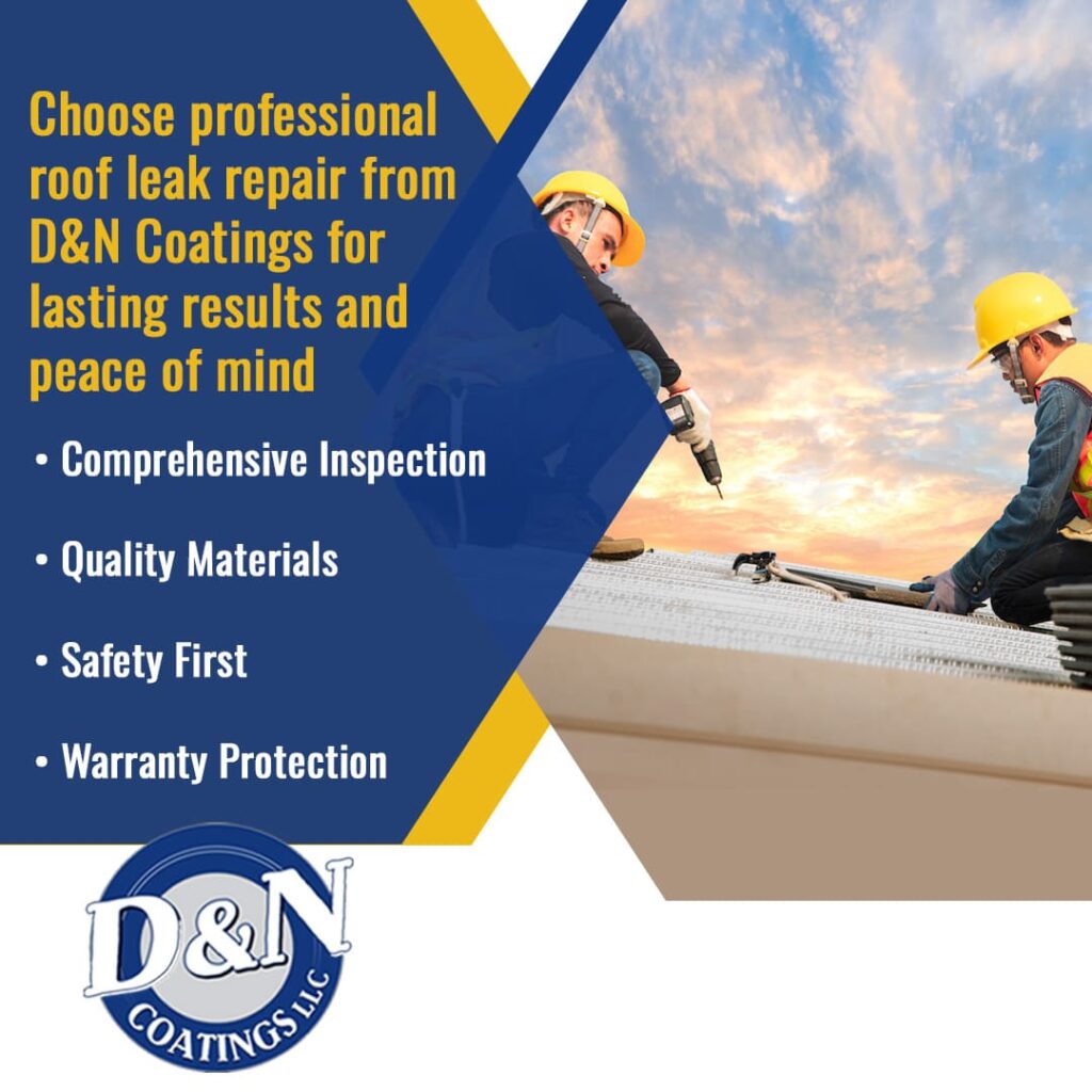Two professional roofers working on a white flat commercial roof, promoting D&N Coatings' leak repair service features: comprehensive inspection, quality materials, safety first, and warranty protection.