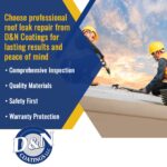 Two professional roofers working on a white flat commercial roof, promoting D&N Coatings' leak repair service features: comprehensive inspection, quality materials, safety first, and warranty protection.