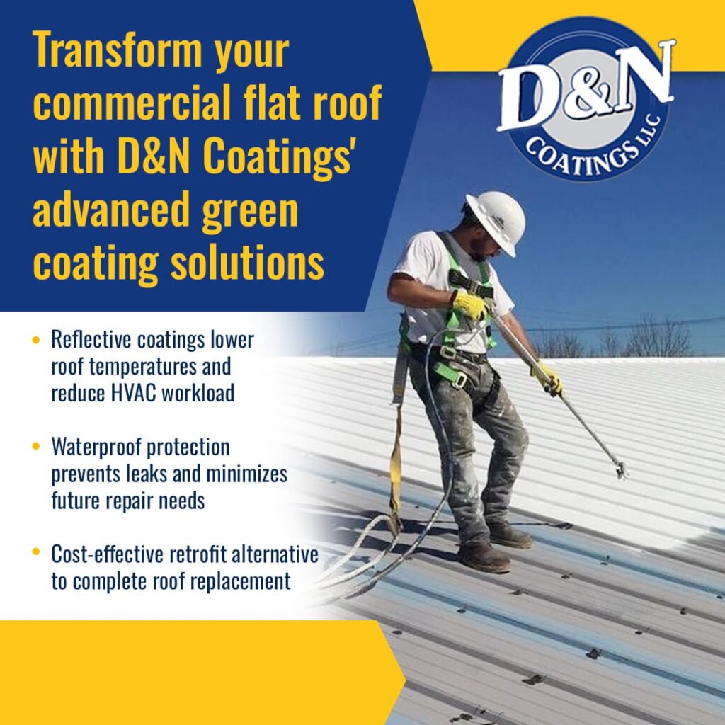 A professional in a white hard hat and safety harness sprays a reflective white coating onto a metal commercial roof.