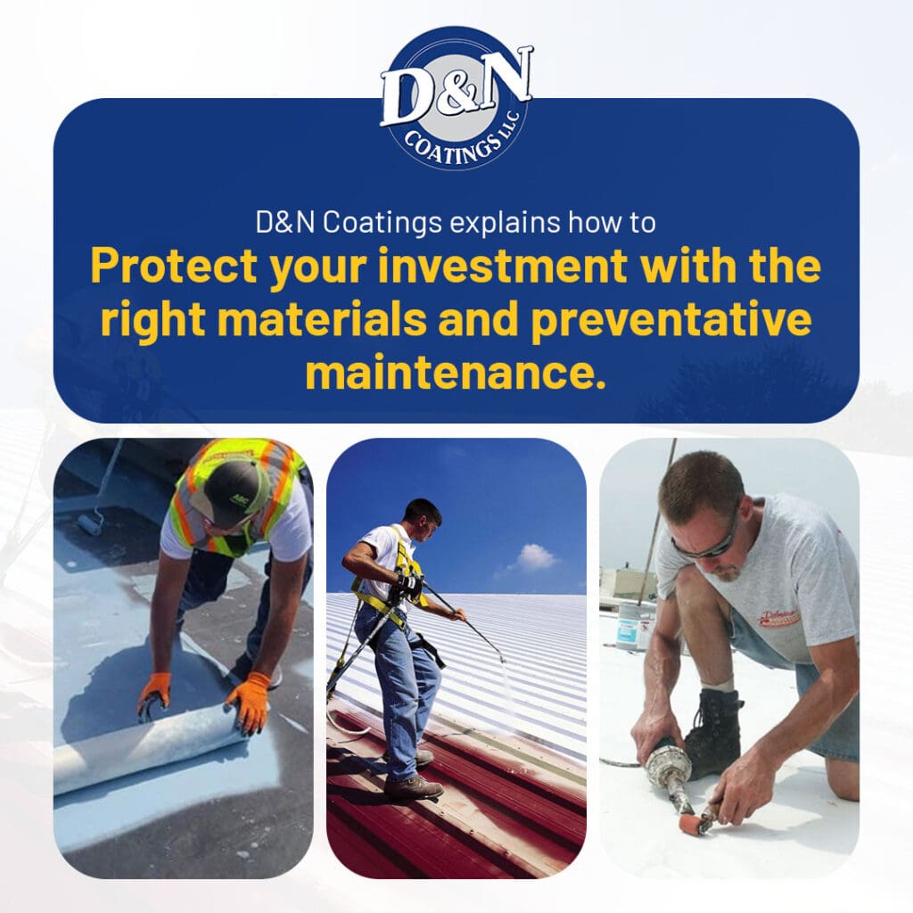 Roofing professionals applying protective roof coating for commercial roof maintenance and waterproofing