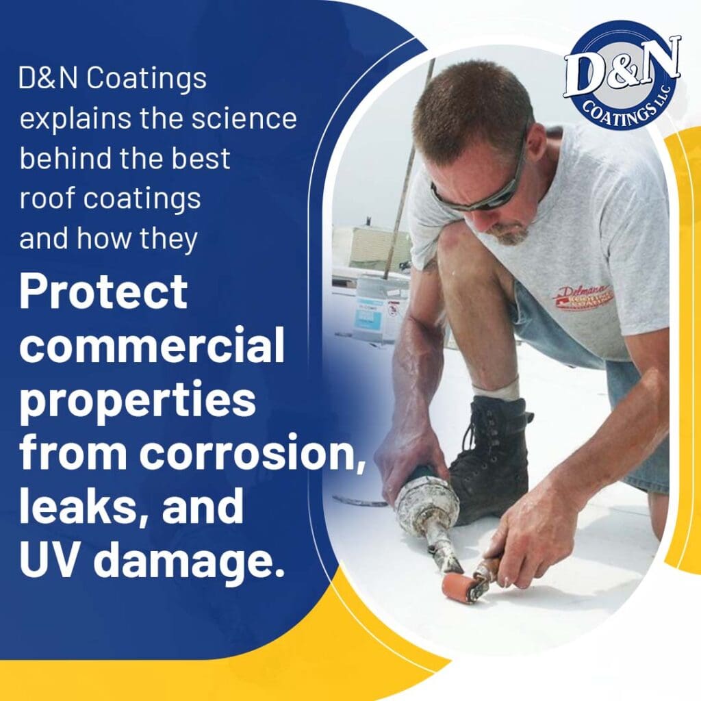 Technician applying roof sealant to protect commercial roofing from leaks corrosion and UV damage