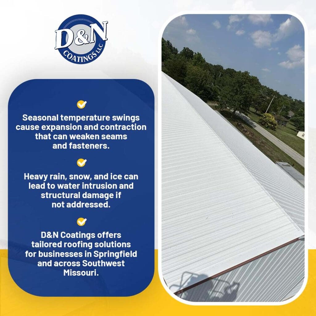 Commercial metal roof showing effects of weather exposure and seasonal temperature changes in Springfield Missouri