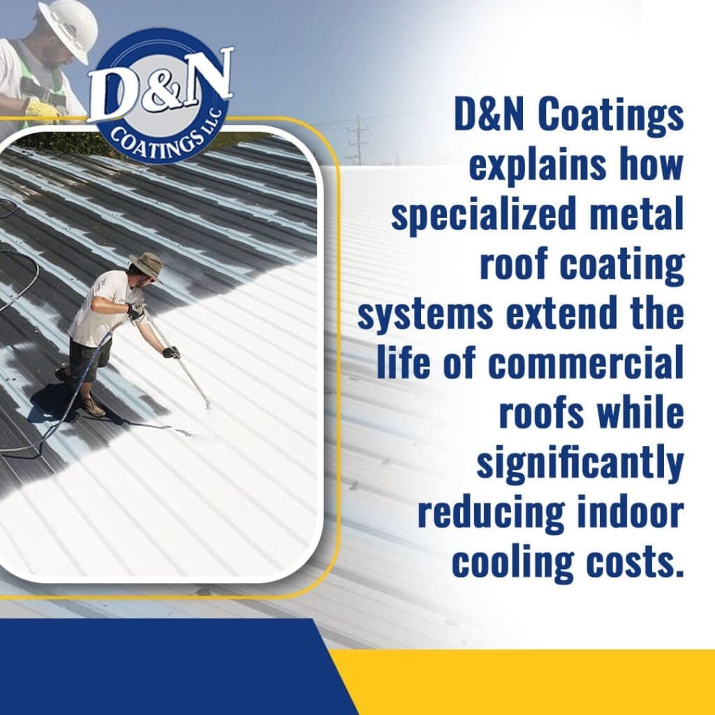 Commercial contractor applying reflective metal roof coating to improve energy efficiency and extend roof lifespan