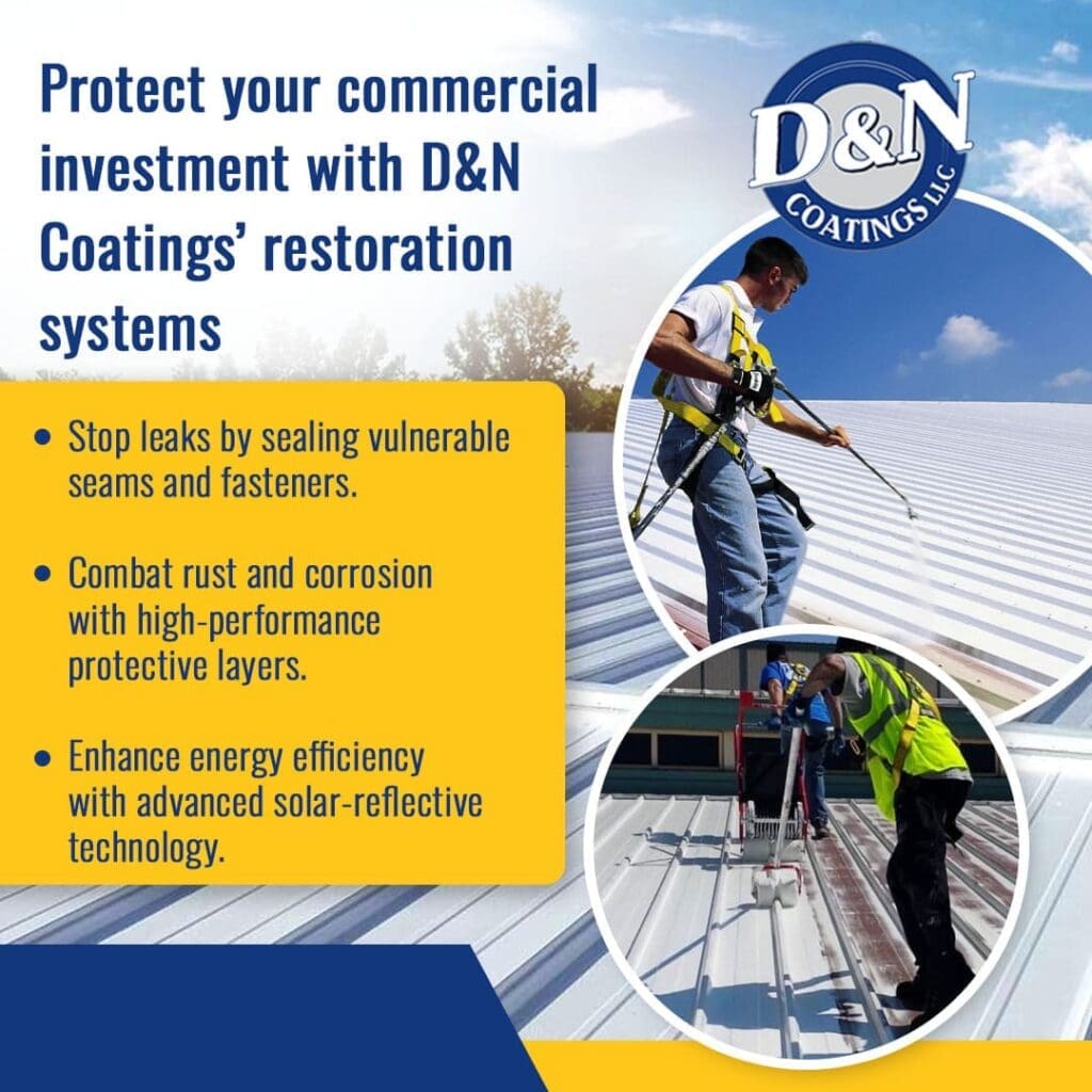 Commercial roofing restoration system with protective coatings for leak prevention and corrosion resistance