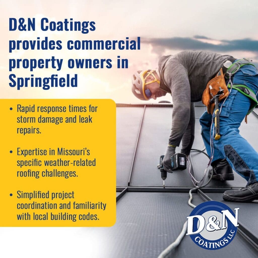 Commercial roofing technician repairing metal roof panels for storm damage protection in Springfield