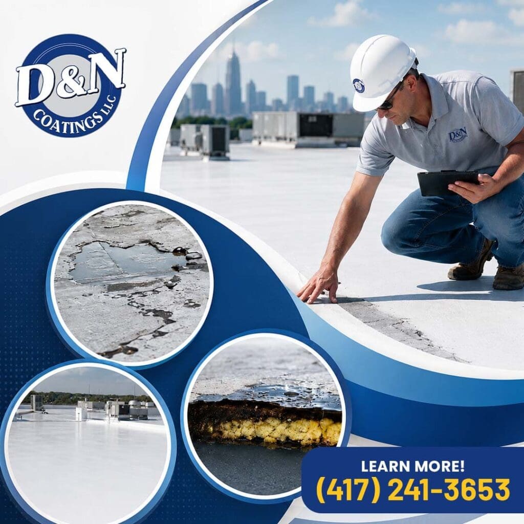 D&N Coatings contractor using a tablet to inspect a commercial flat roof, featuring close-ups of ponding water, blistering, and saturated membrane cross-sections.
