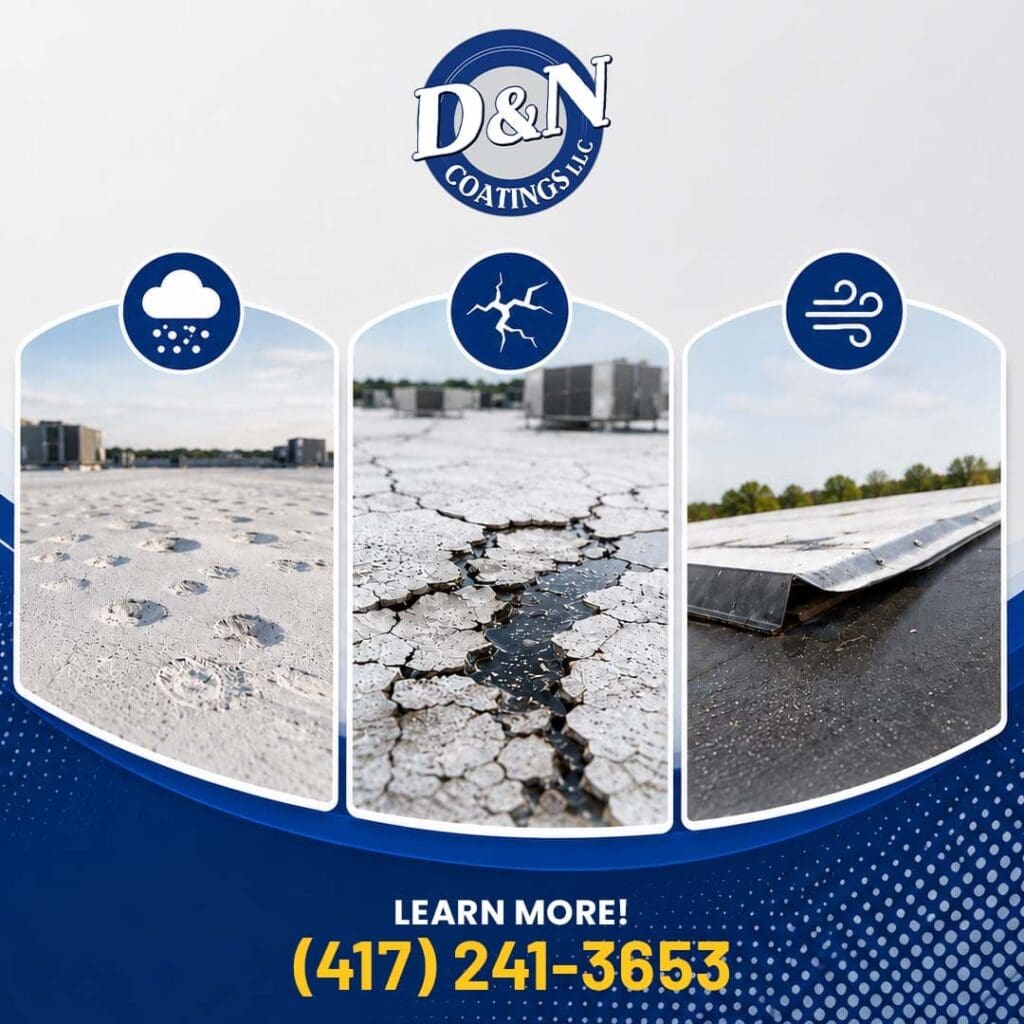 Examples of commercial flat roof damage repaired by D&N Coatings, including hail impact, severe membrane cracking with pooled water, and wind uplift.