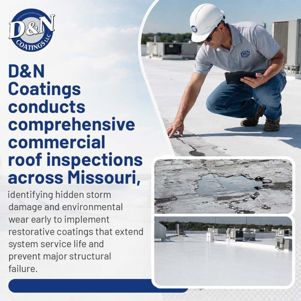 D&N Coatings professional conducting a comprehensive commercial roof inspection in Missouri to identify hidden storm damage and prevent structural failure.