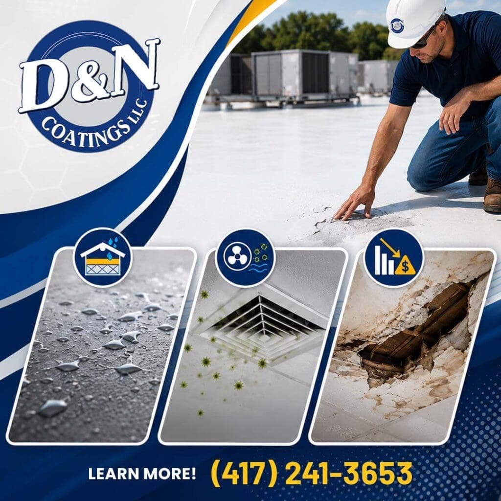 D&N Coatings LLC commercial roof inspection showing warning signs of roof leaks, HVAC mold, and severe interior ceiling water damage. Call 417-241-3653.
