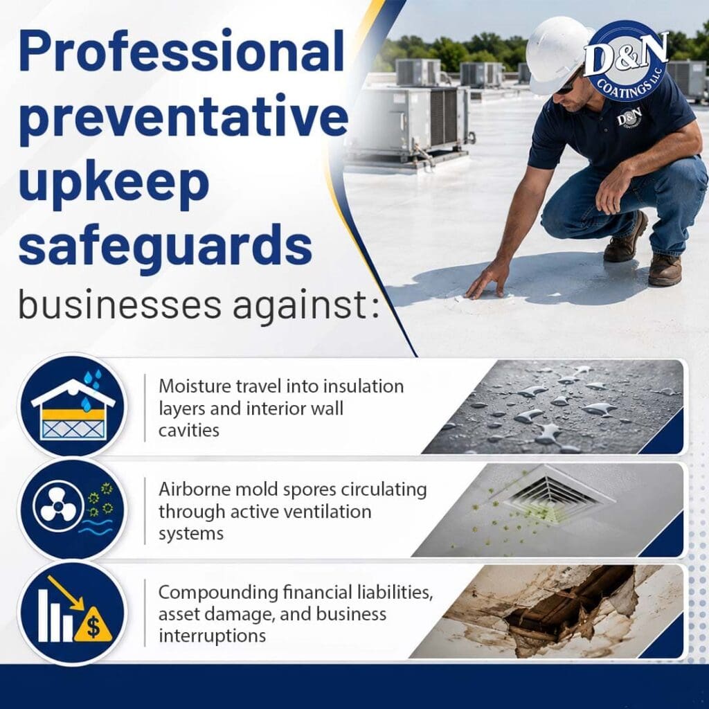 Infographic detailing how professional preventative roof upkeep by D&N Coatings safeguards businesses against moisture travel, airborne mold spores, and financial liabilities.