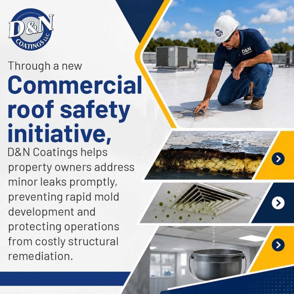 D&N Coatings commercial roof safety initiative graphic illustrating how prompt leak repairs prevent rapid mold development and costly structural remediation.