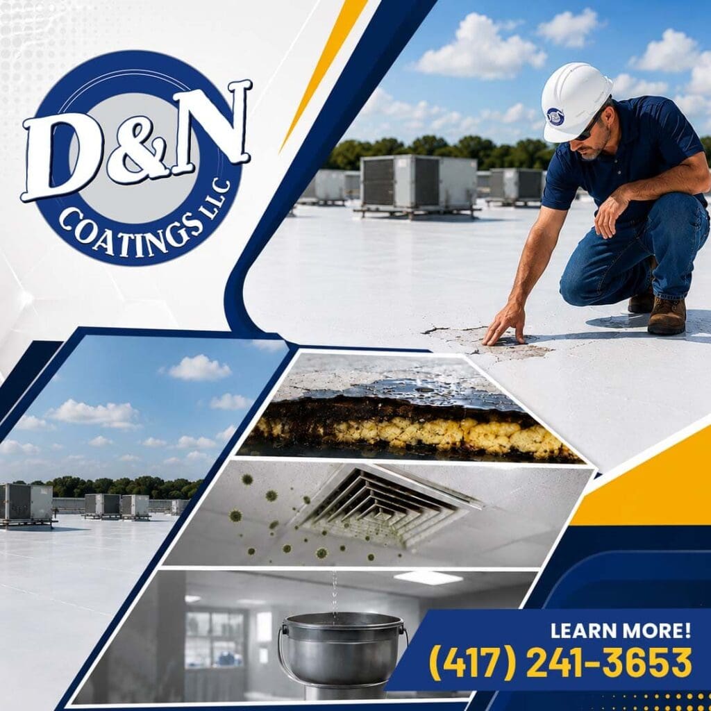 D&N Coatings professional inspecting a commercial flat roof, highlighting dangers like saturated roof insulation, HVAC mold, and indoor water leaks.