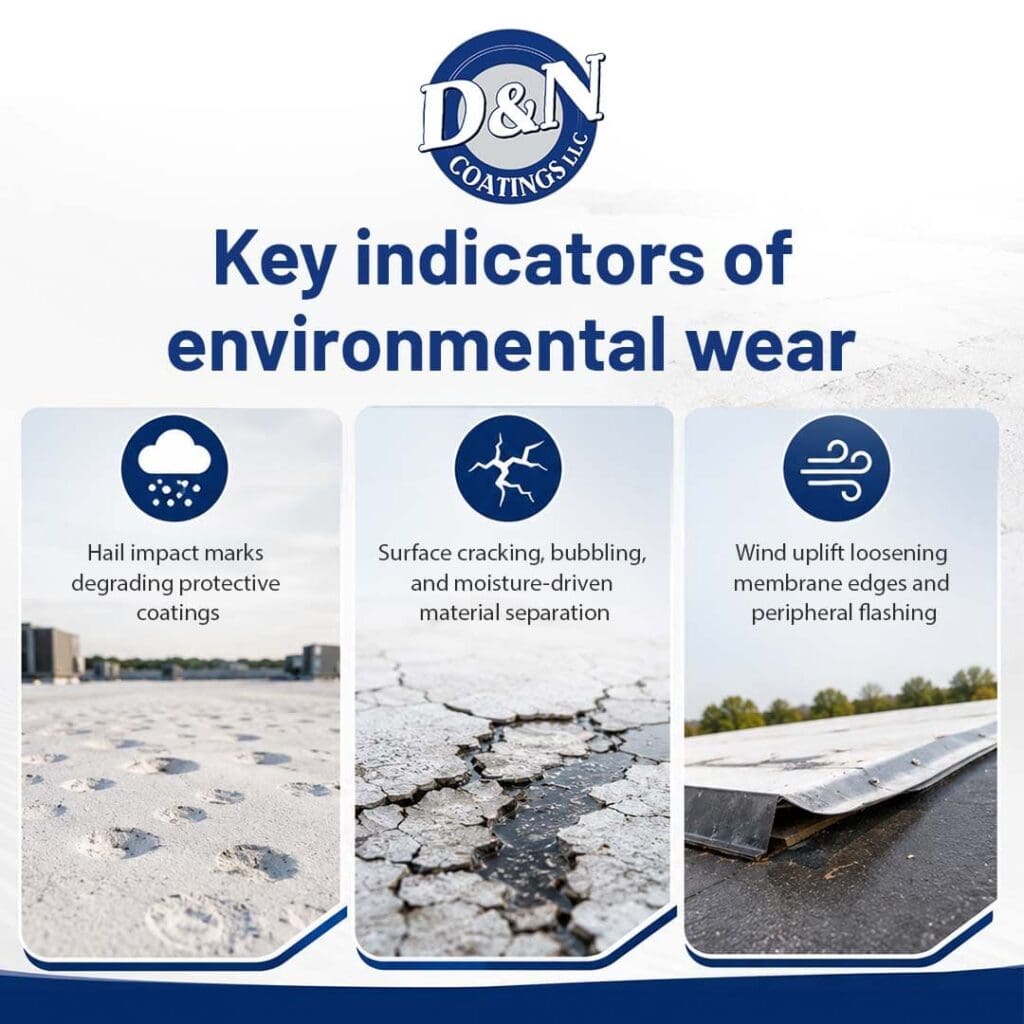 Infographic outlining key indicators of environmental wear on commercial roofs, including hail impact marks, surface cracking, and wind uplift on membrane edges.